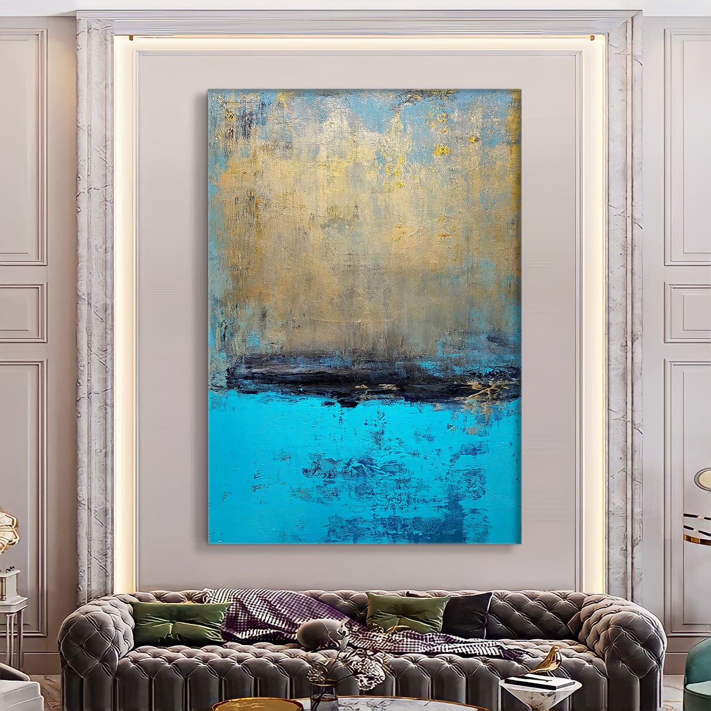 a living room with a couch and a painting on the wall