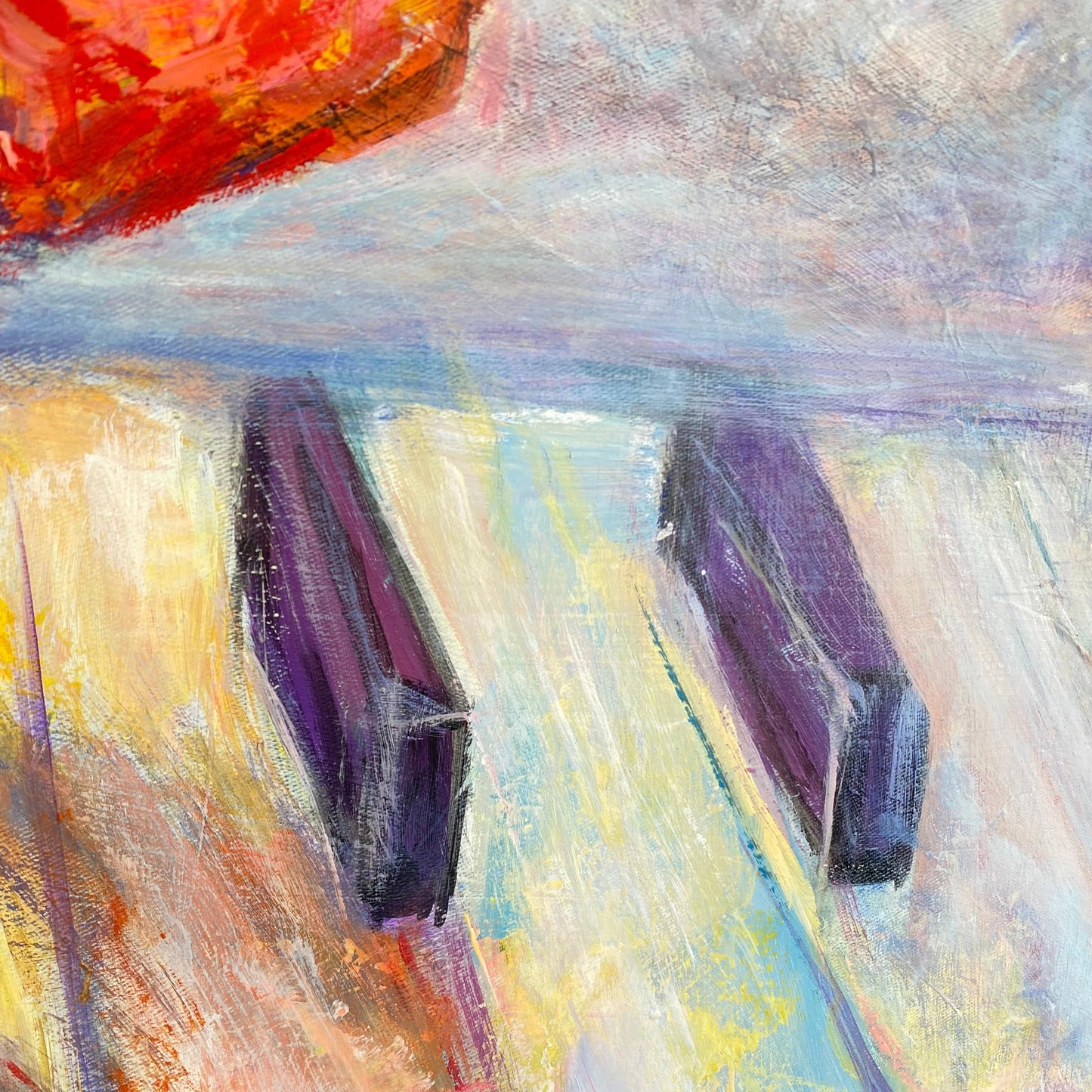 The image is an abstract painting with vibrant colors and brushstrokes, featuring a mix of red, orange, yellow, and blue hues. The painting appears to be a close-up of a piano keyboard, with the keys depicted in a stylized and expressive manner.