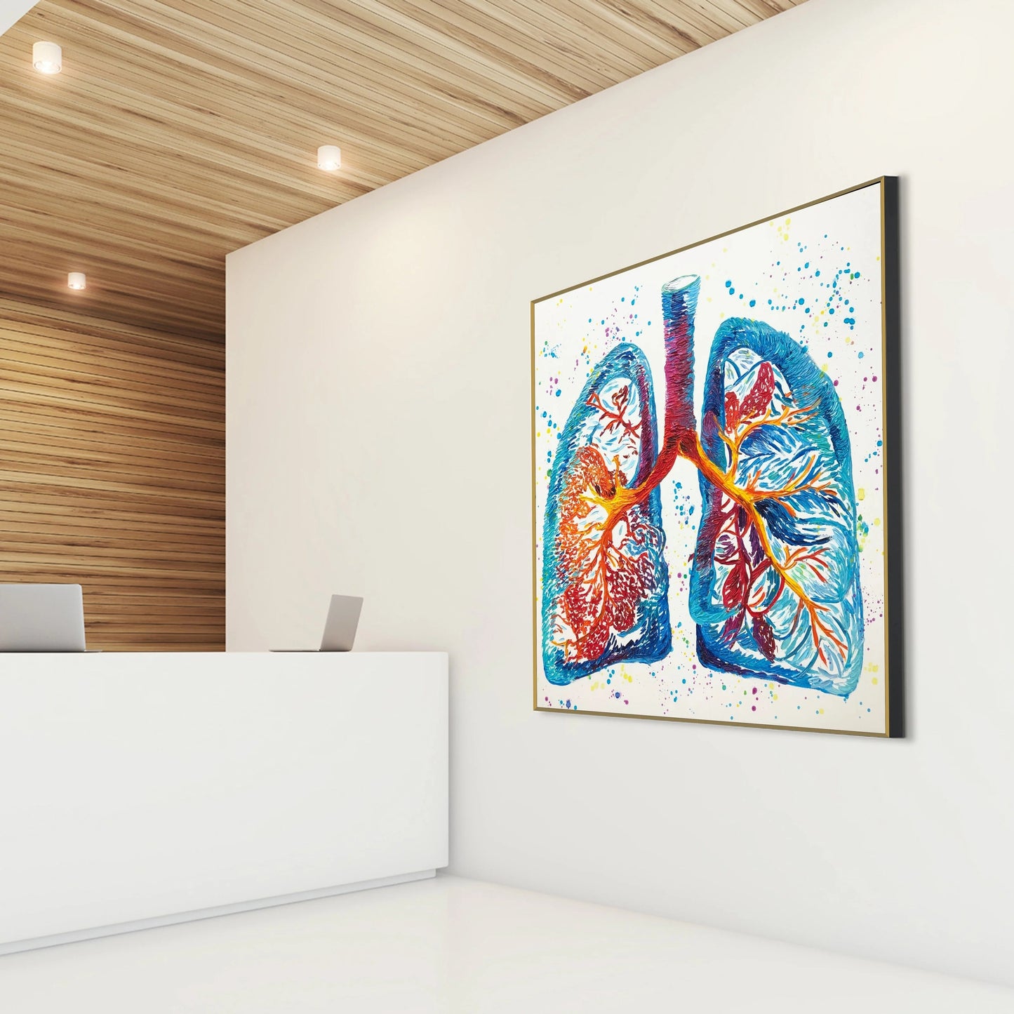 a large, colorful painting of lungs hanging on a white wall in a modern office setting.