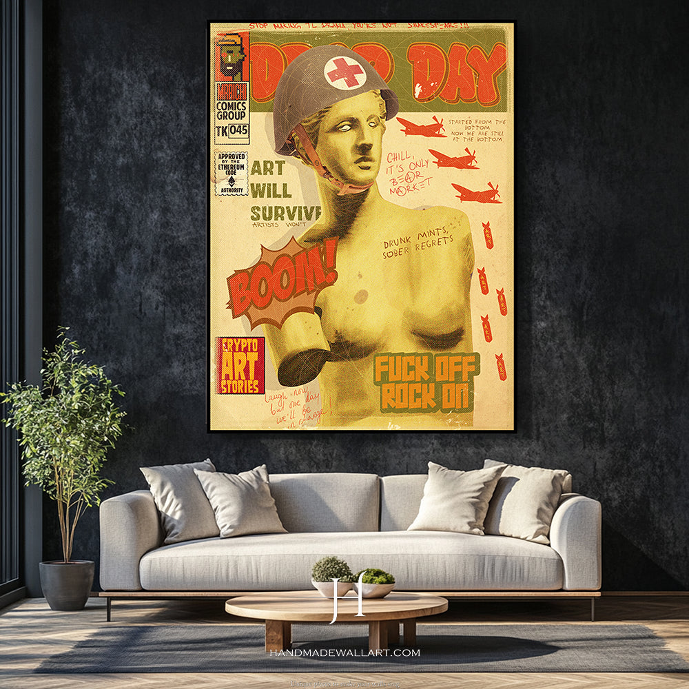 a living room with a couch and a painting on the wall