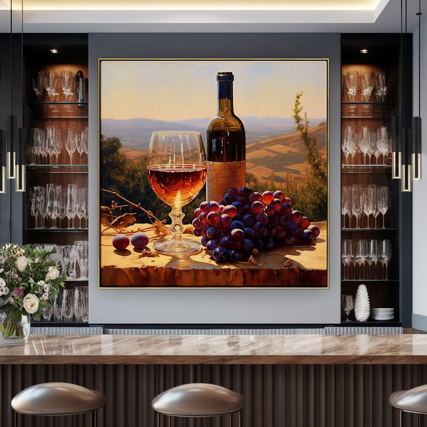 a painting of wine and grapes on a table