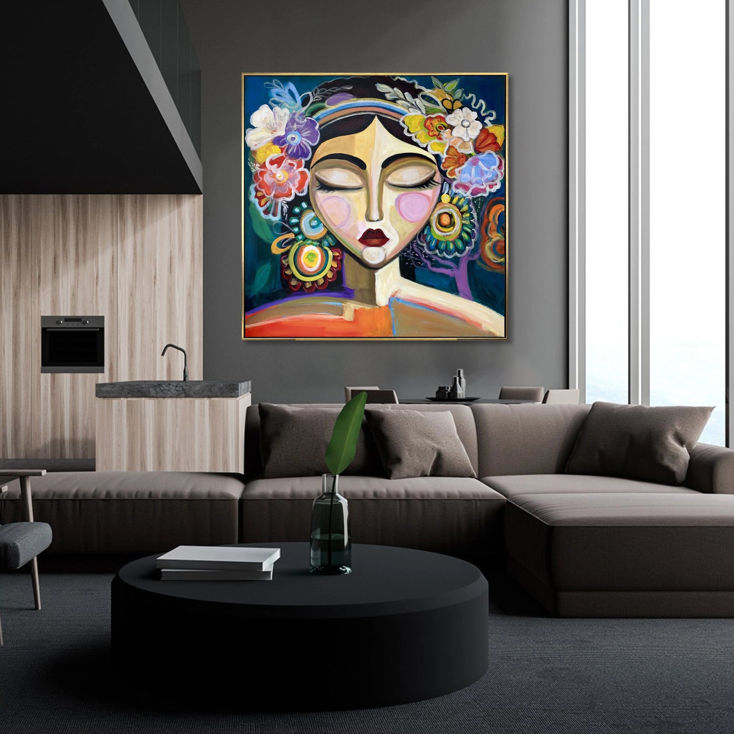 a modern living room with a large, colorful painting of a woman's face hanging on the wall above a black coffee table.