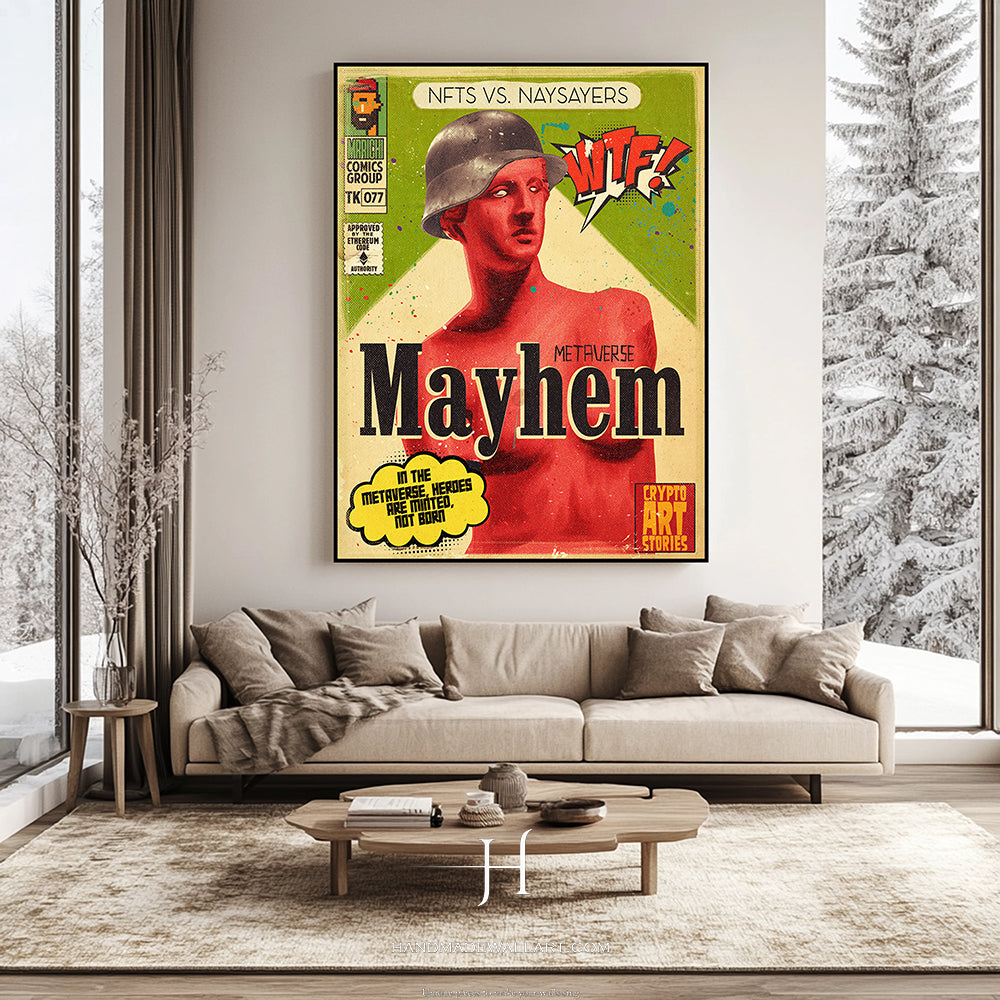 a living room with a couch and a painting on the wall