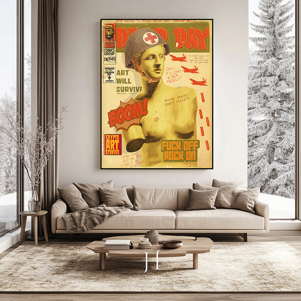 a living room with a couch and a painting on the wall
