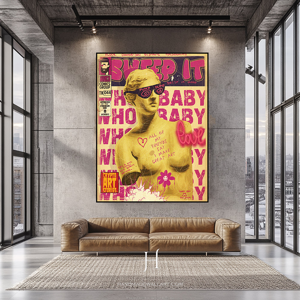 a living room with a couch and a painting on the wall