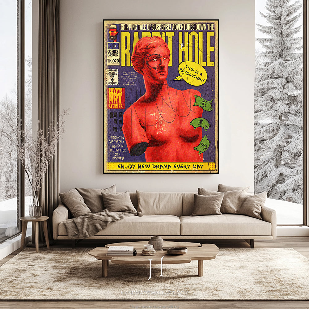 a living room with a couch and a poster on the wall