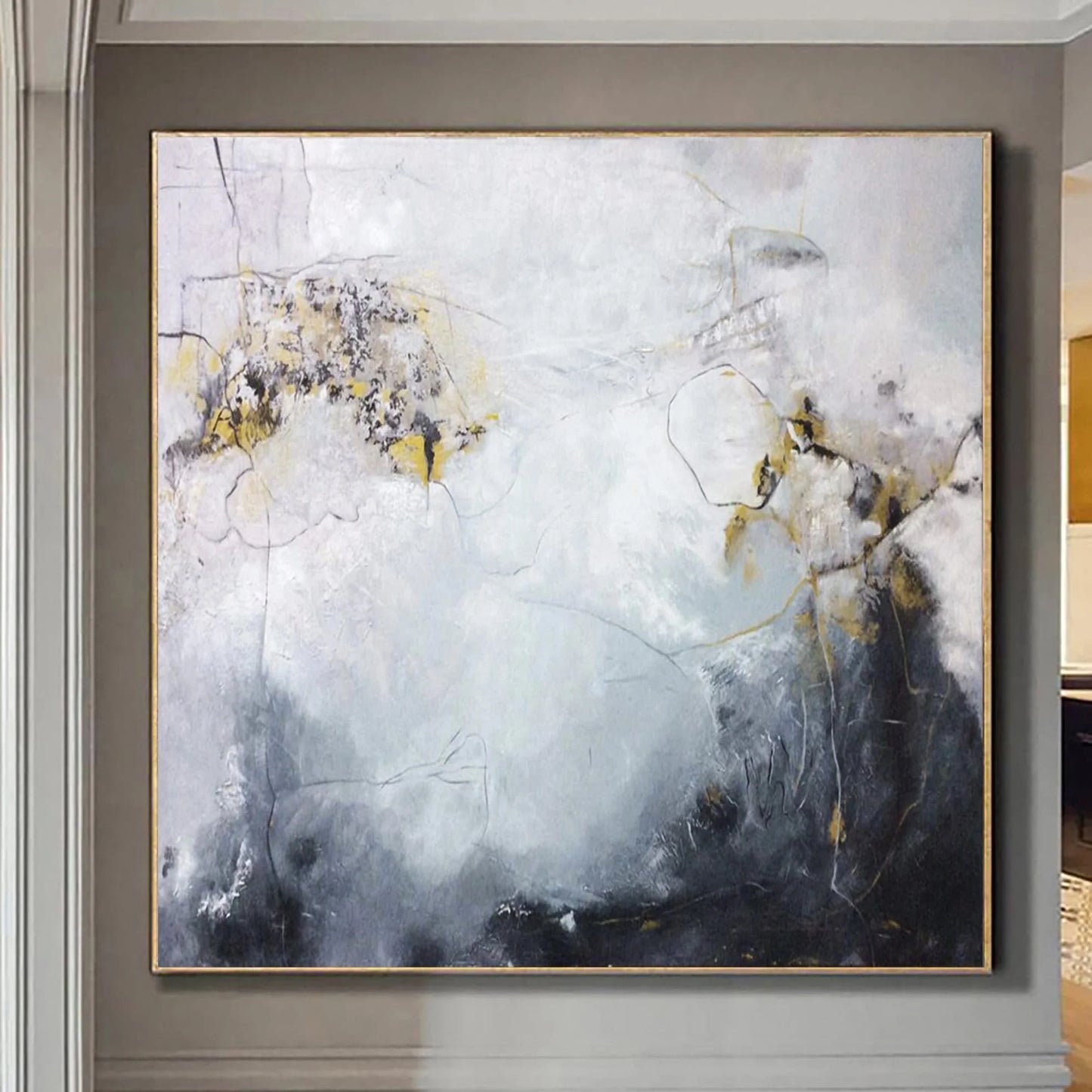 a large abstract painting hanging on a wall.