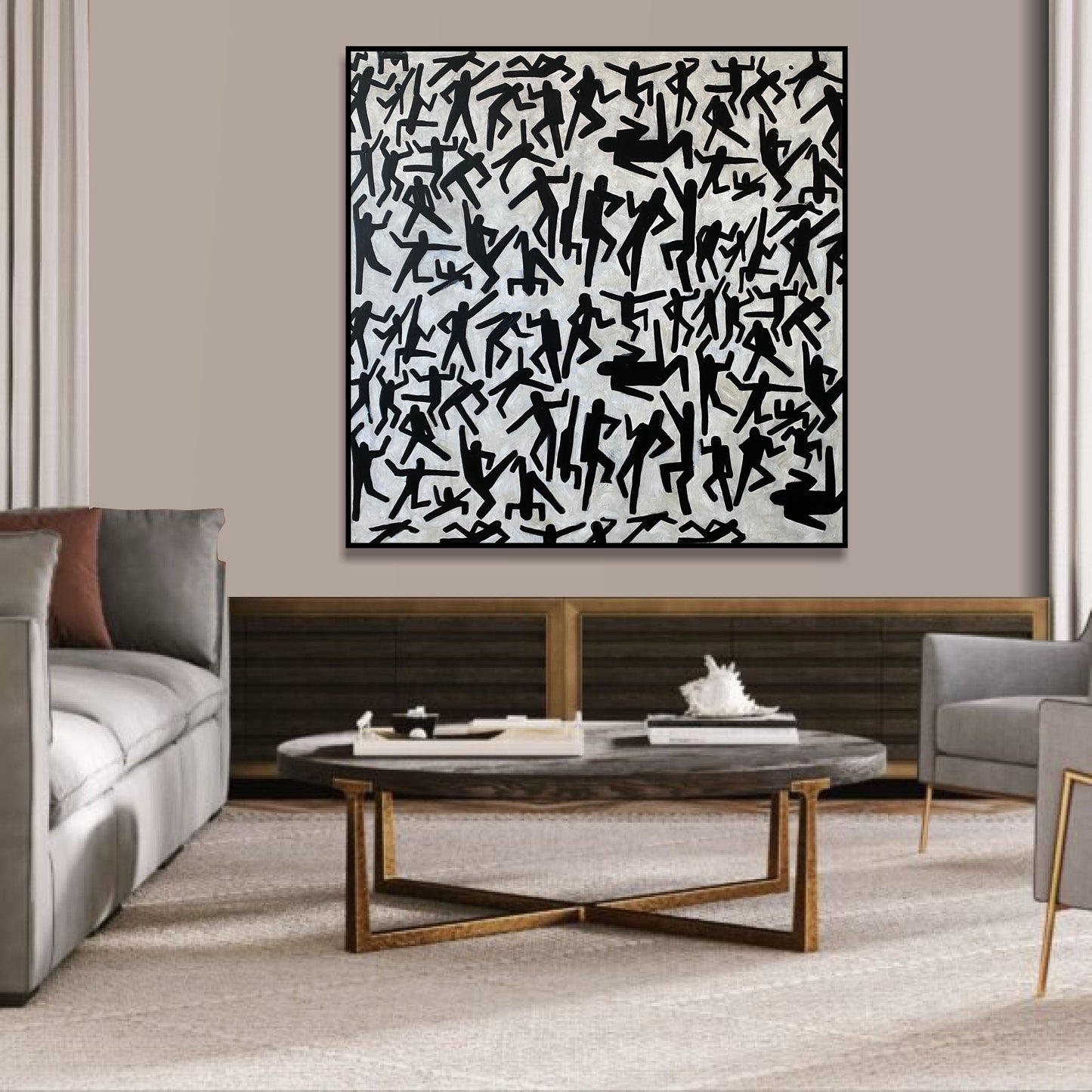 a living room filled with furniture and a painting on the wall