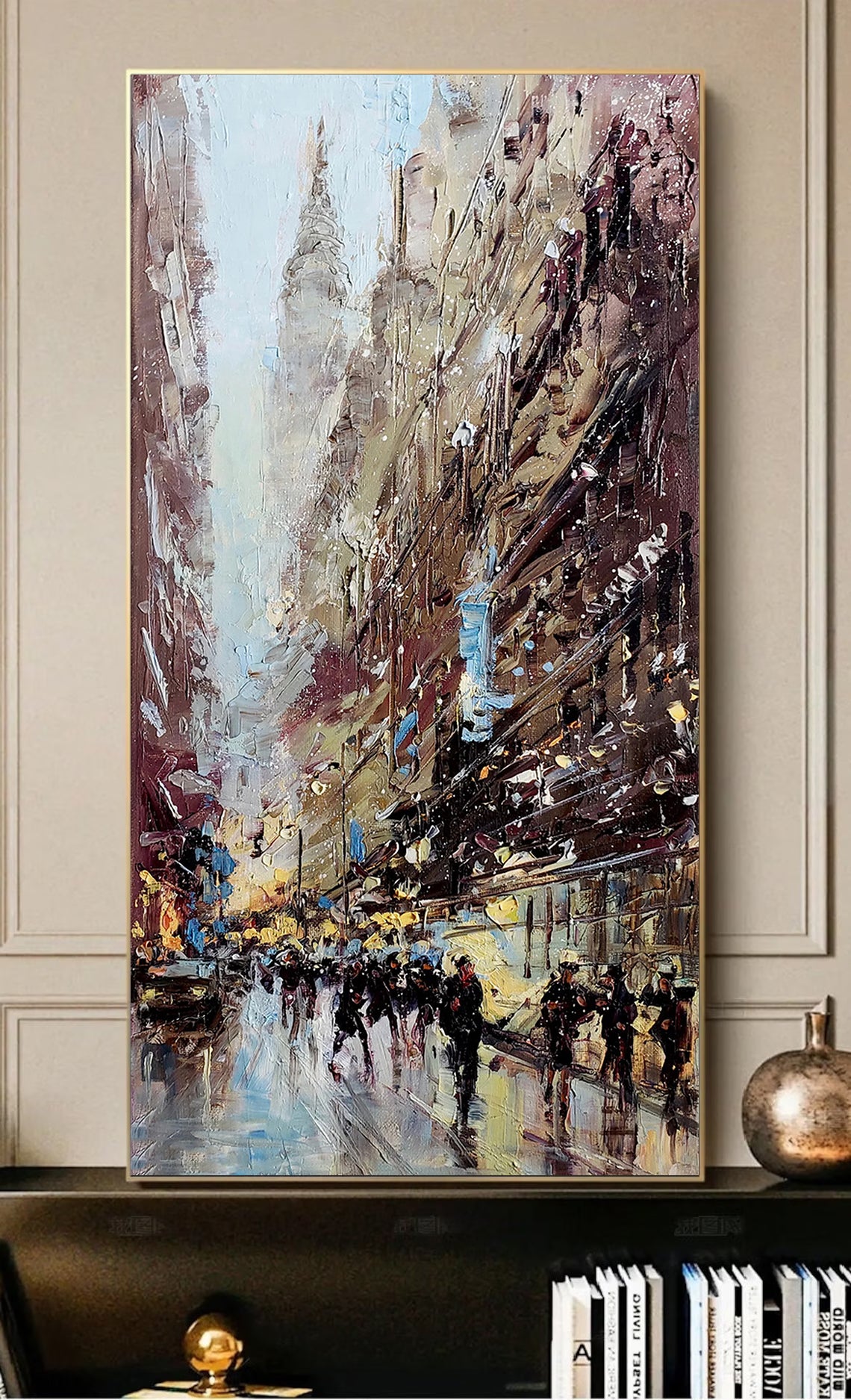 a painting of people walking down a city street