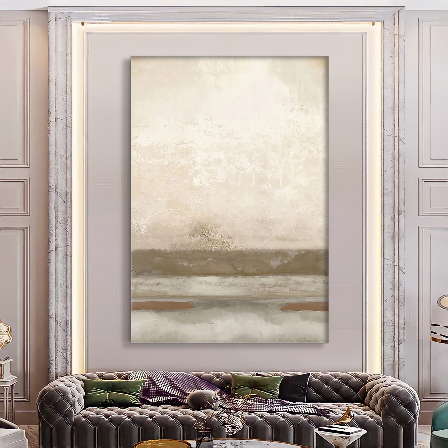 a living room filled with furniture and a painting on the wall