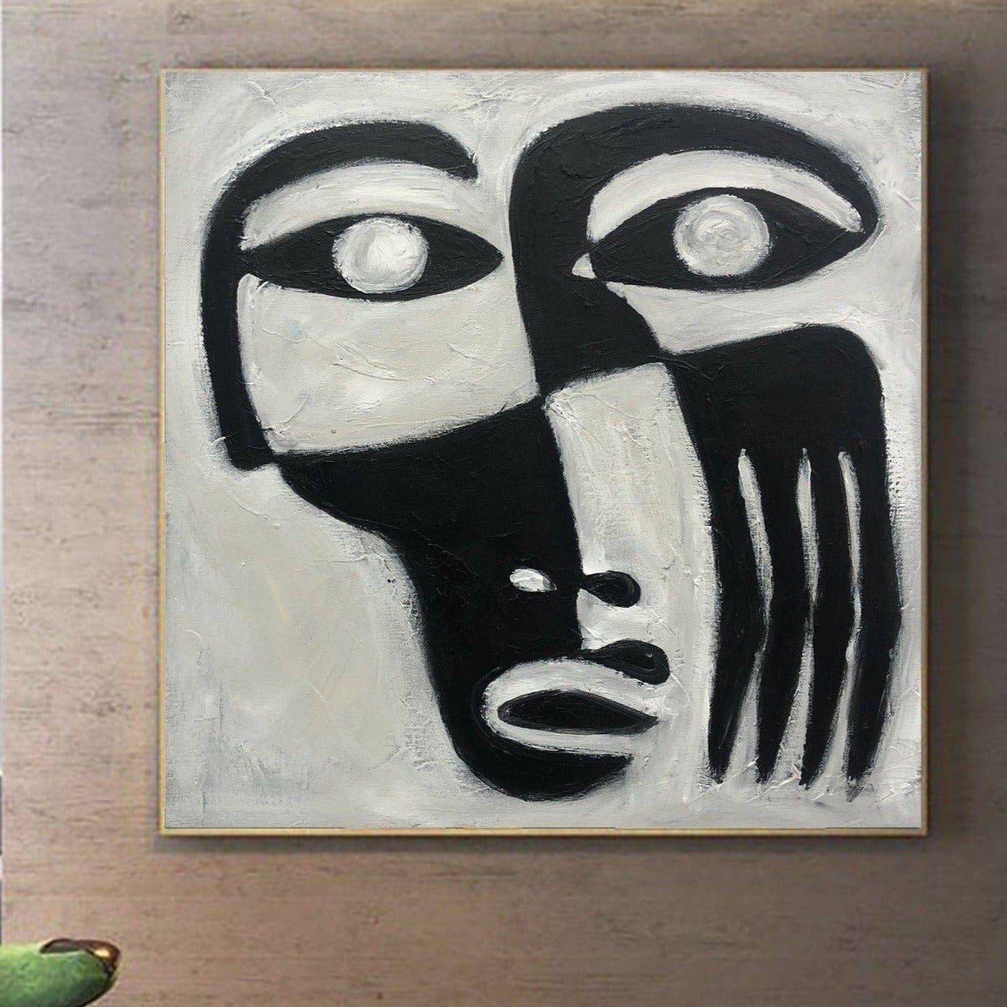 a painting of a woman's face in black and white
