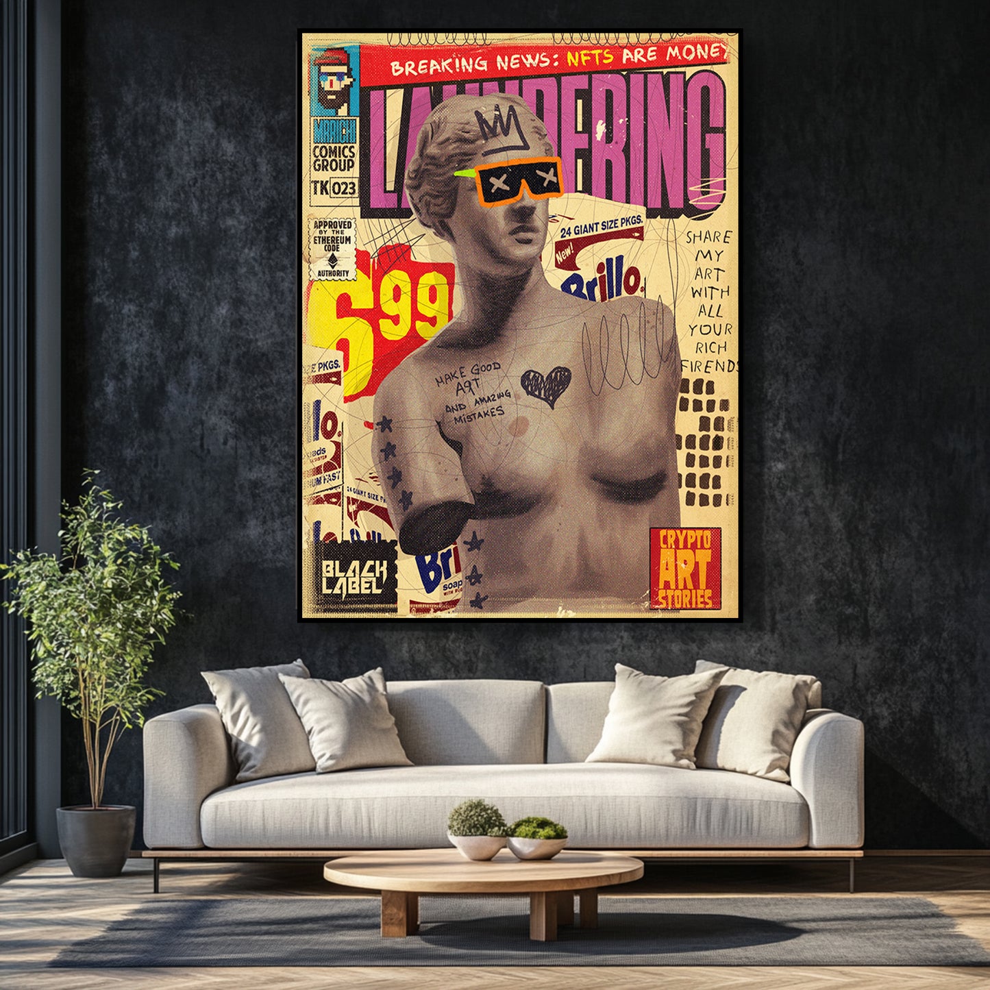 a living room with a couch and a painting on the wall