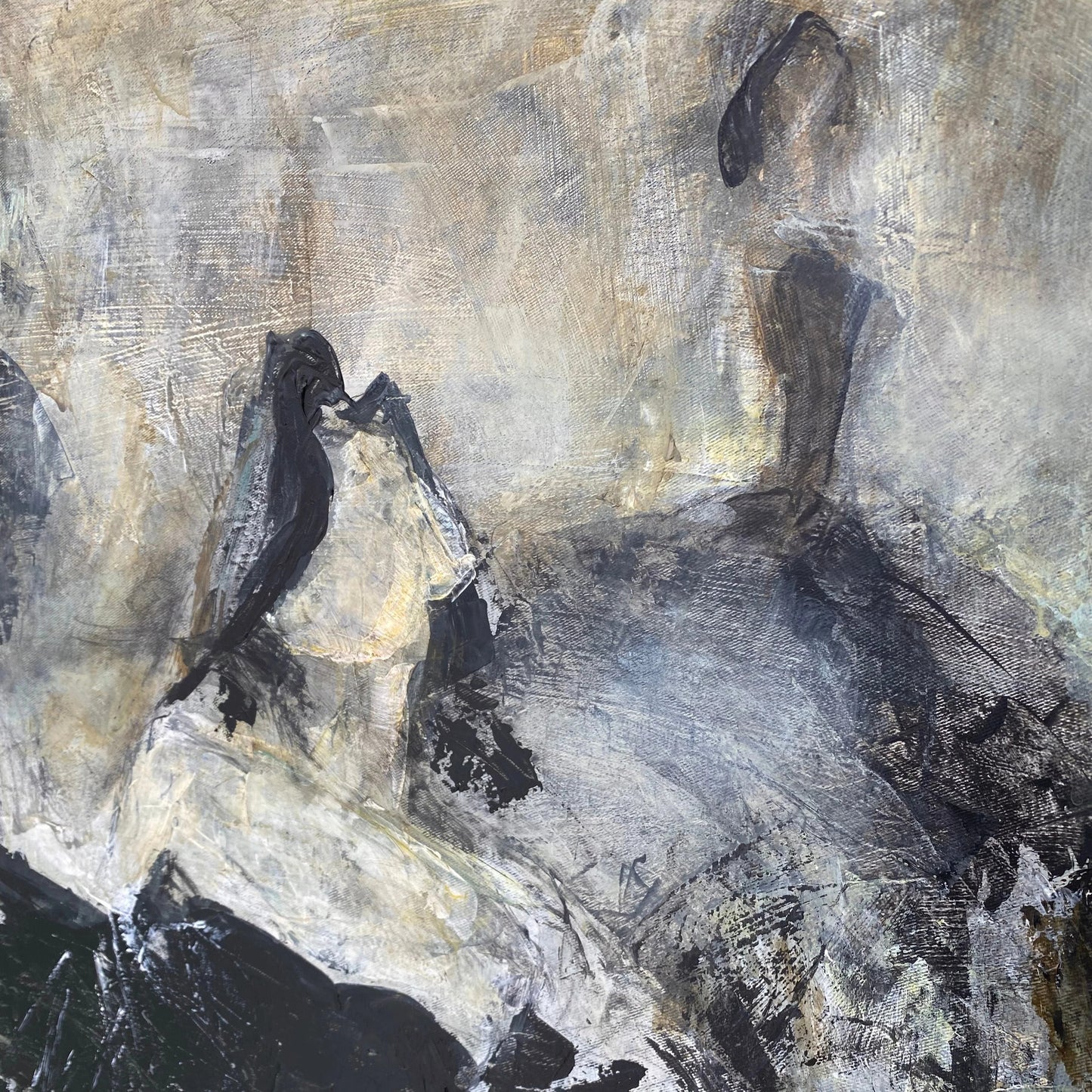 The image is an abstract painting with a mix of black, white, and gray colors. It features a figure in the background, possibly a human, with a dark, textured appearance. The overall composition and style of the painting suggest it is an expressive and dynamic artwork.