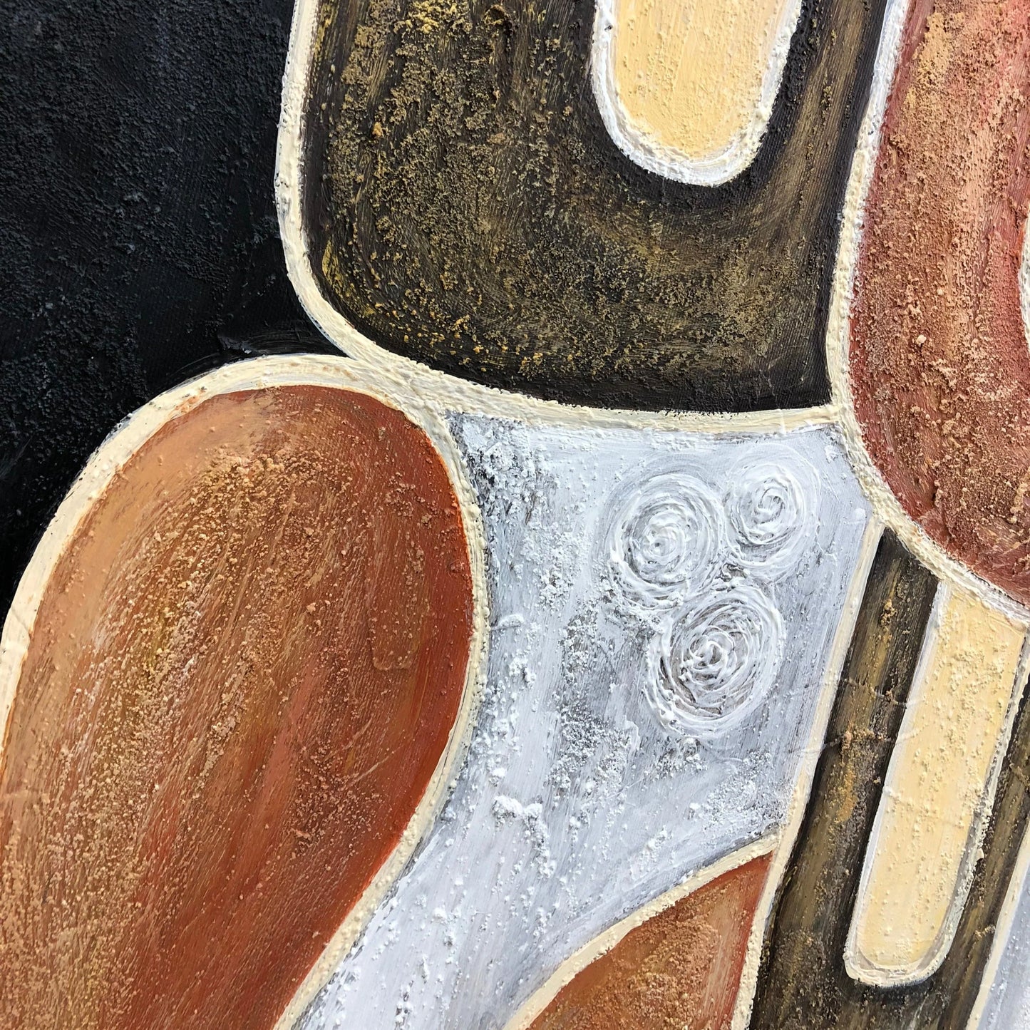 The image is a close-up of an abstract painting with bold, colorful shapes and textures. The painting features a mix of warm and cool colors, creating a dynamic and visually striking composition.