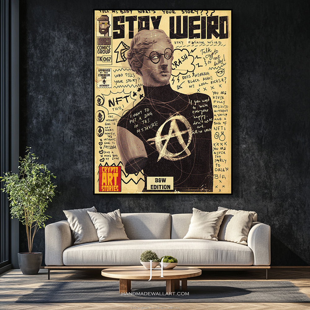 a living room with a couch and a poster on the wall