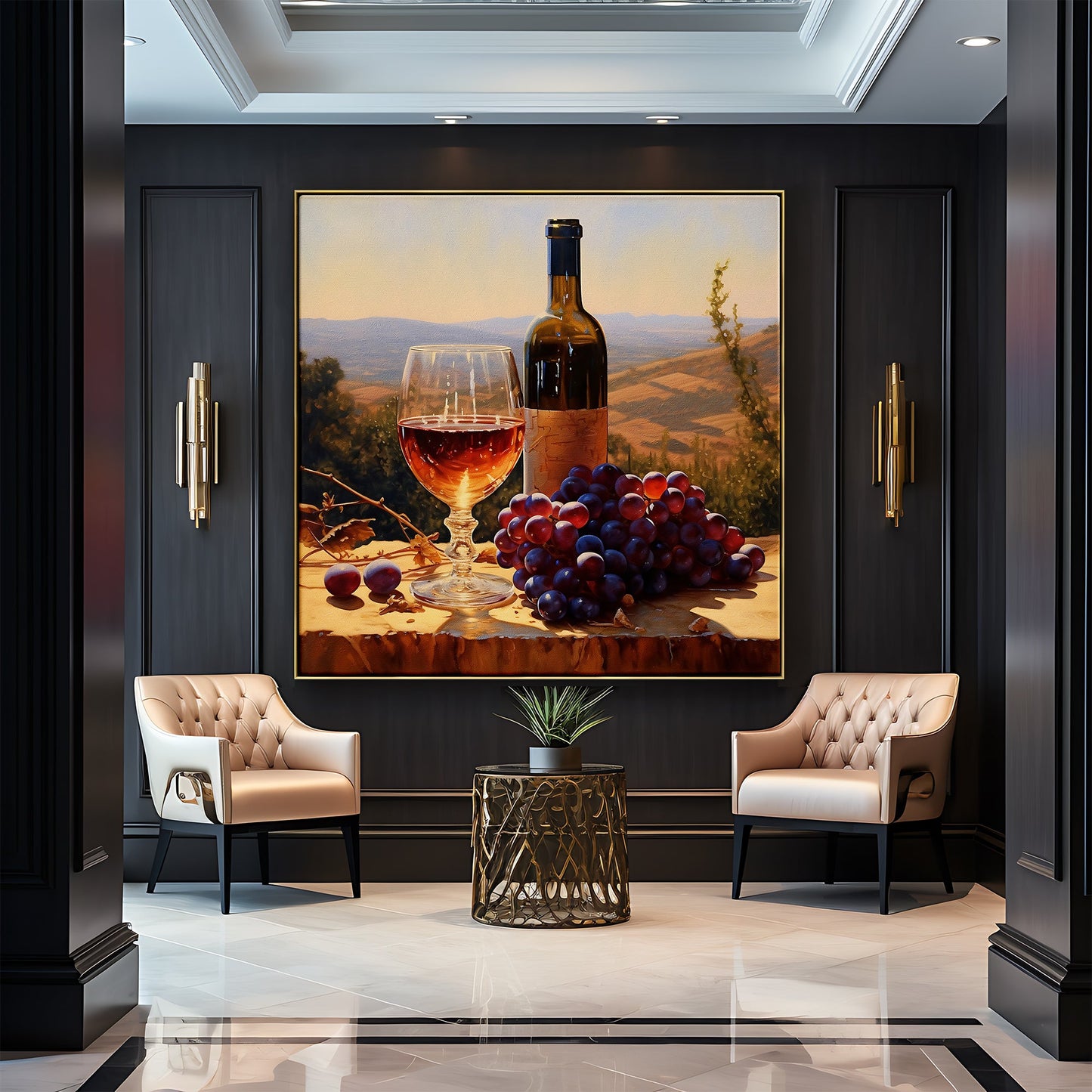 a painting of a bottle of wine and a glass of wine on a table