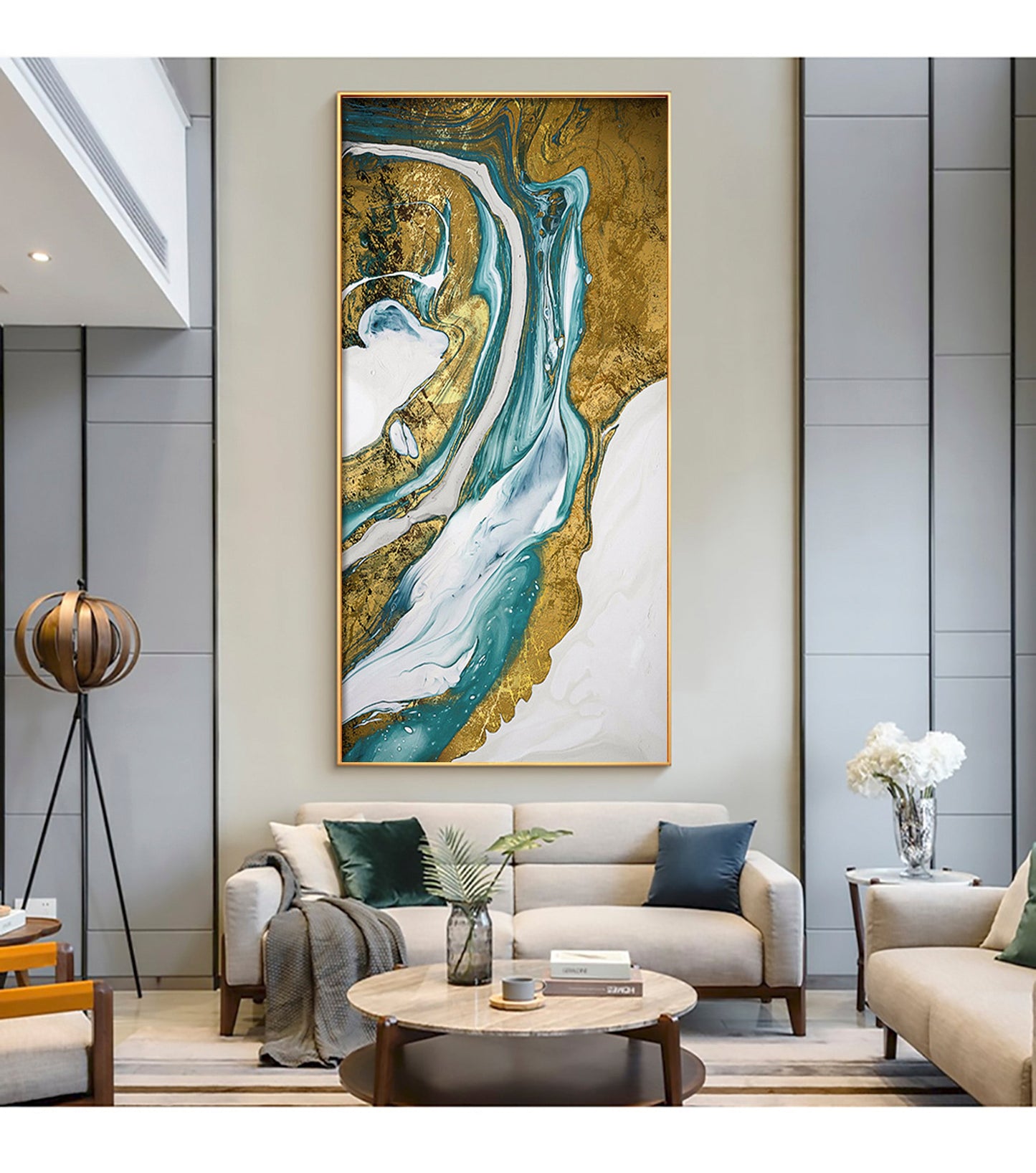a living room filled with furniture and a painting on the wall
