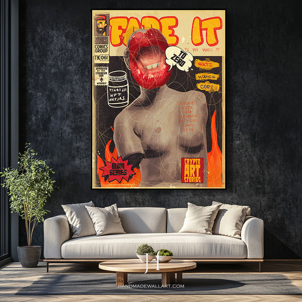 a living room with a couch and a painting on the wall