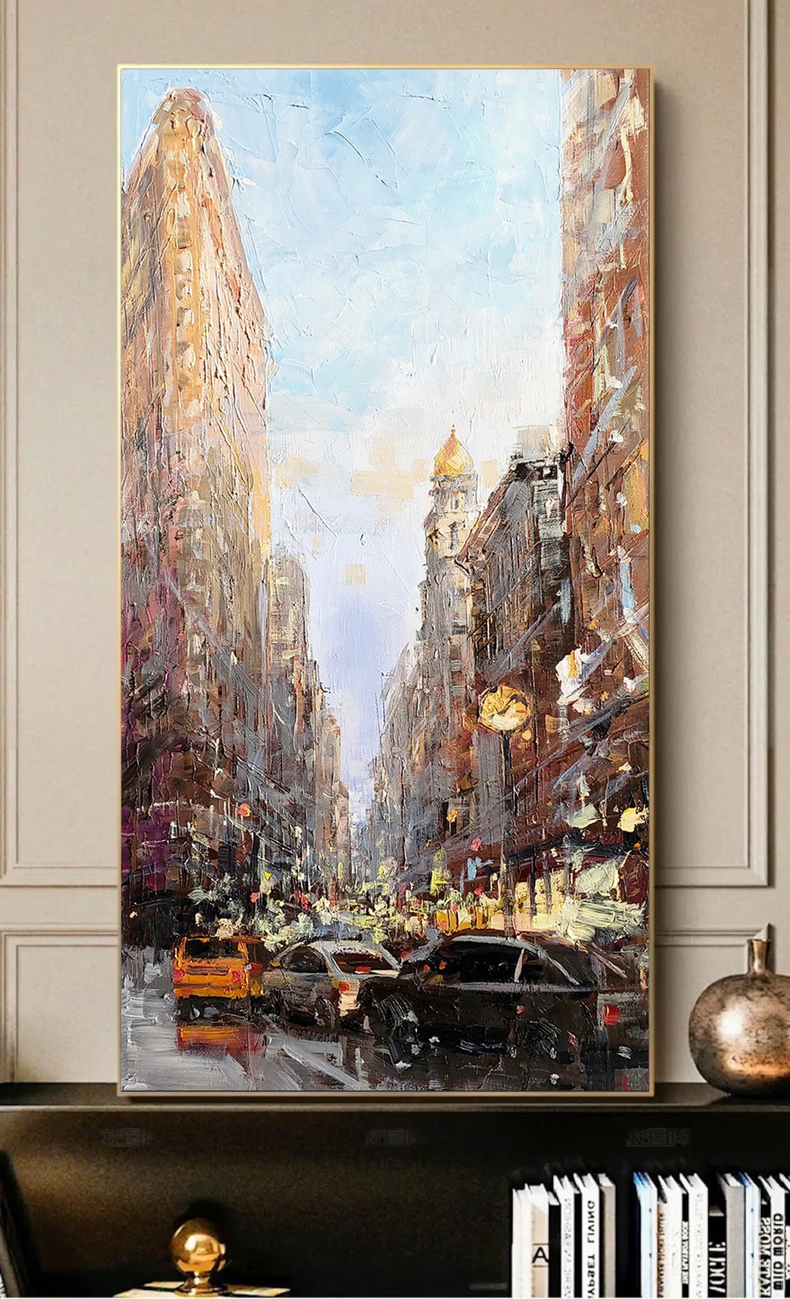 a painting of a city street filled with traffic