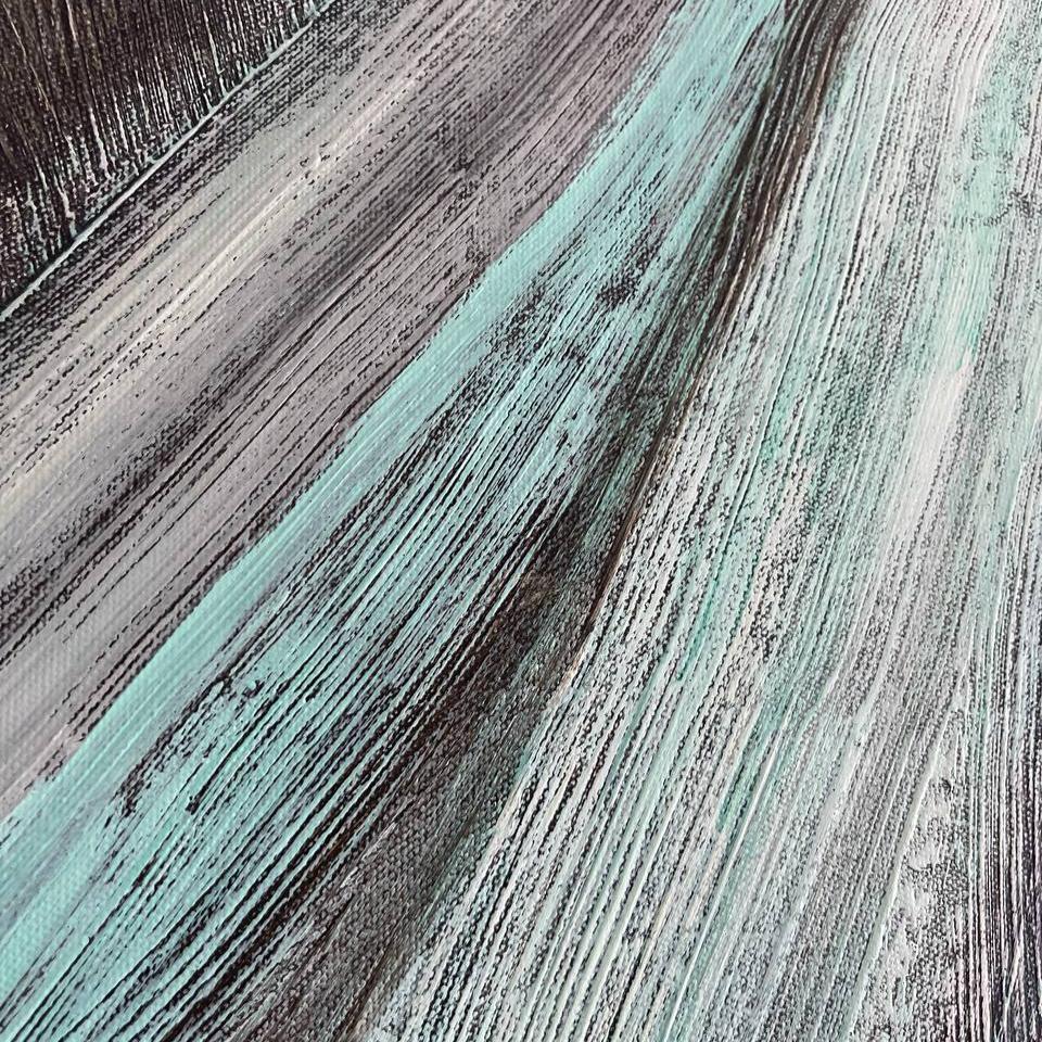 The image is an abstract painting with a diagonal pattern of blue and gray lines, creating a sense of movement and depth.