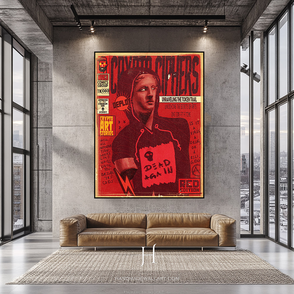 a living room with a couch and a poster on the wall