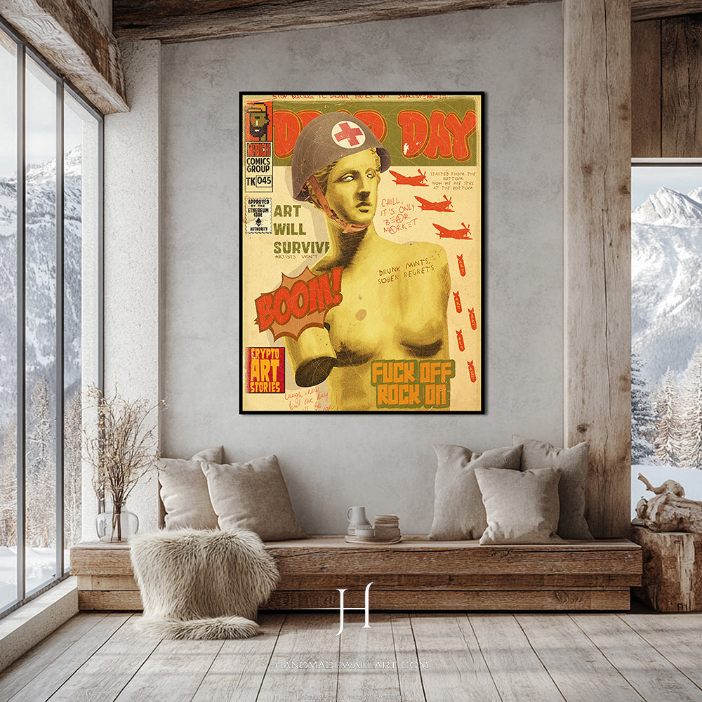 a living room with a couch and a poster on the wall