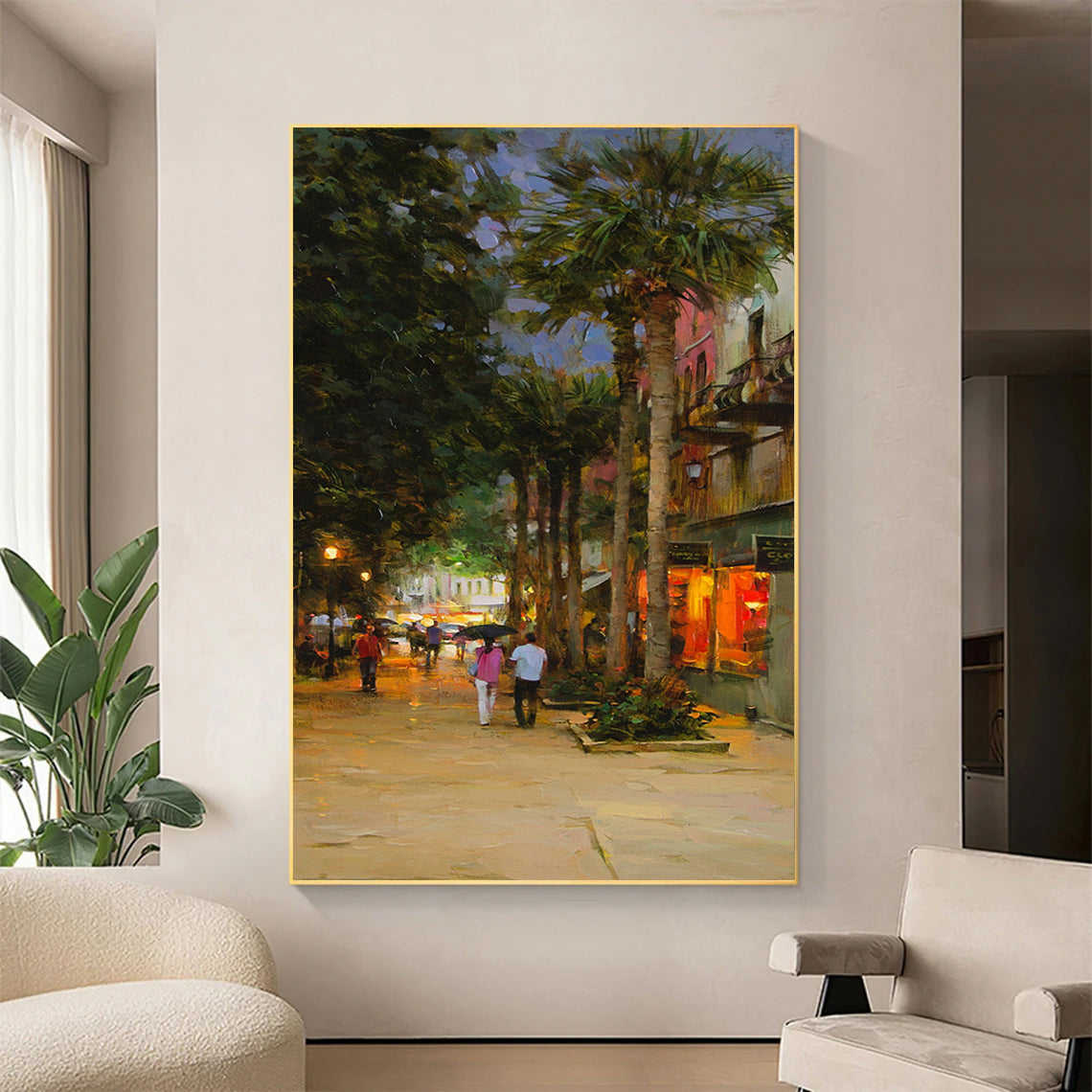 a painting of people walking down a street