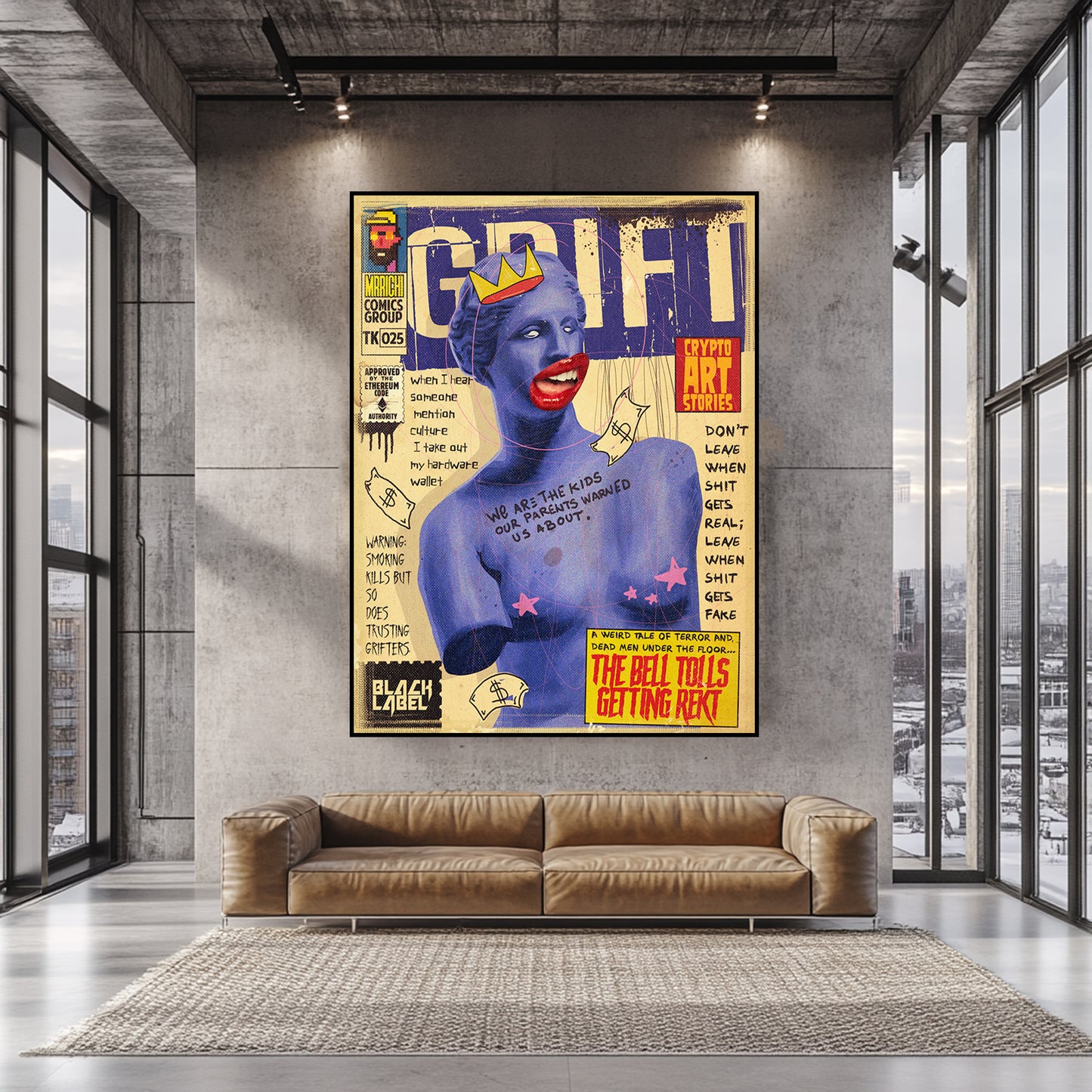 a living room with a couch and a painting on the wall