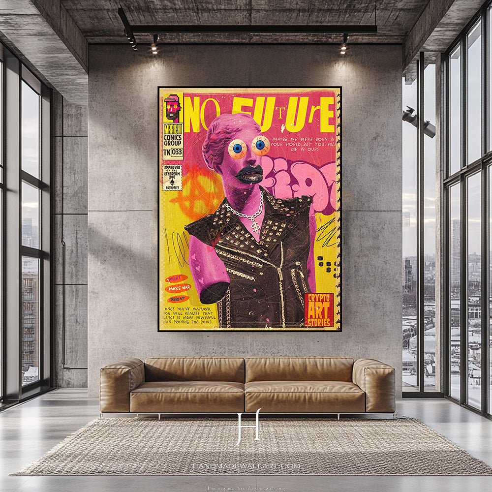 a living room with a couch and a poster on the wall