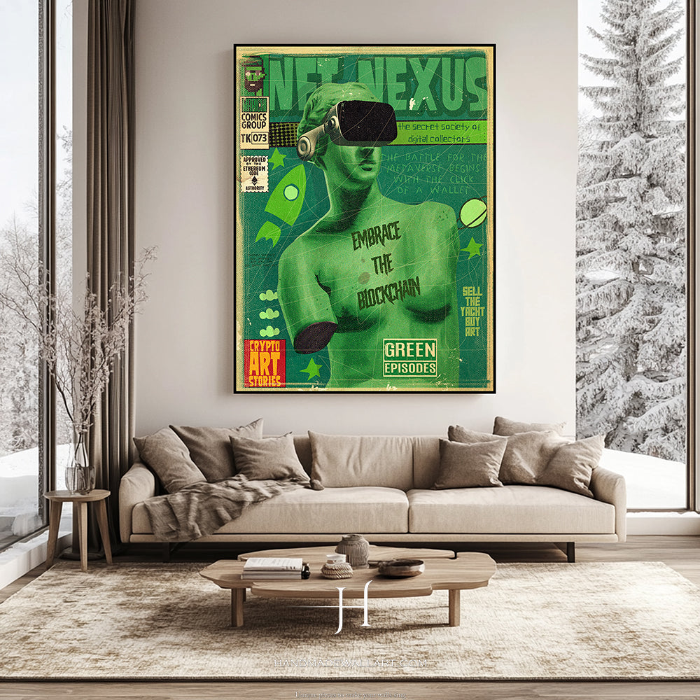 a living room with a couch and a painting on the wall