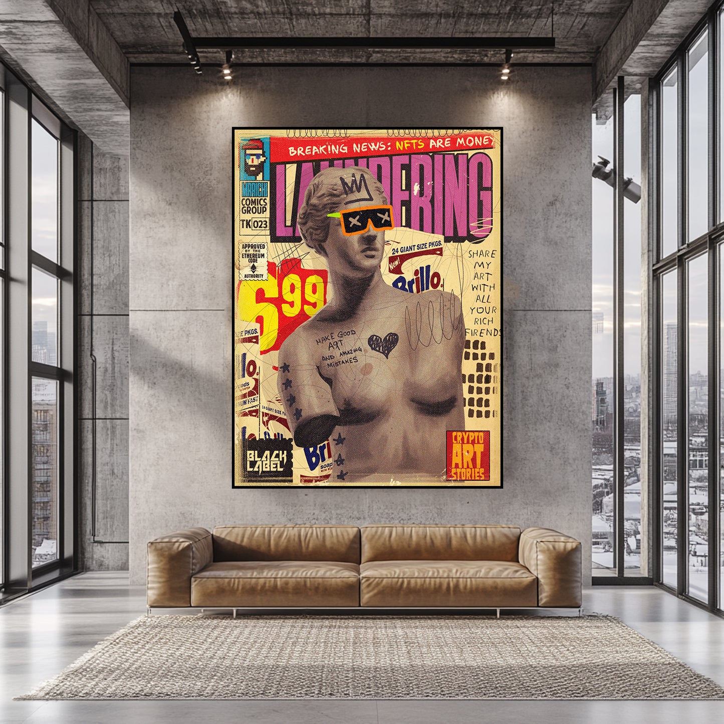 a living room with a couch and a poster on the wall