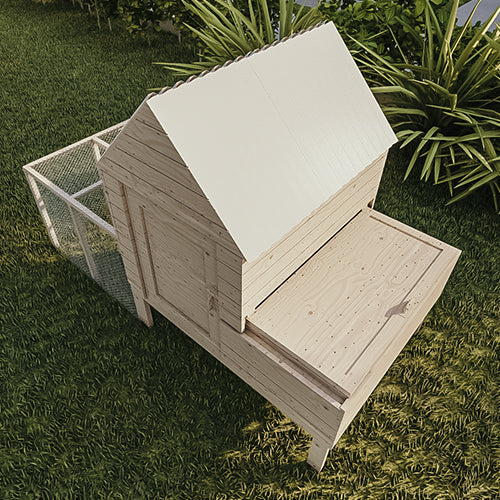 a chicken coop with a chicken inside of it