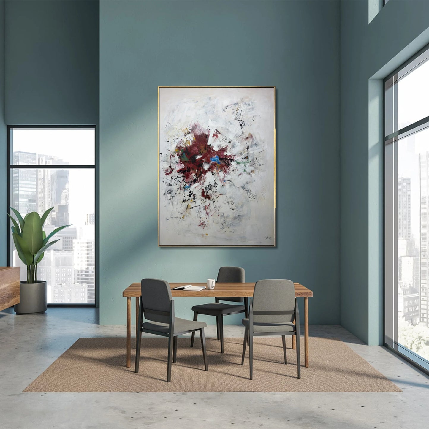 a modern dining room with a large abstract painting on the wall, a wooden table with four chairs, and a large window overlooking a cityscape.