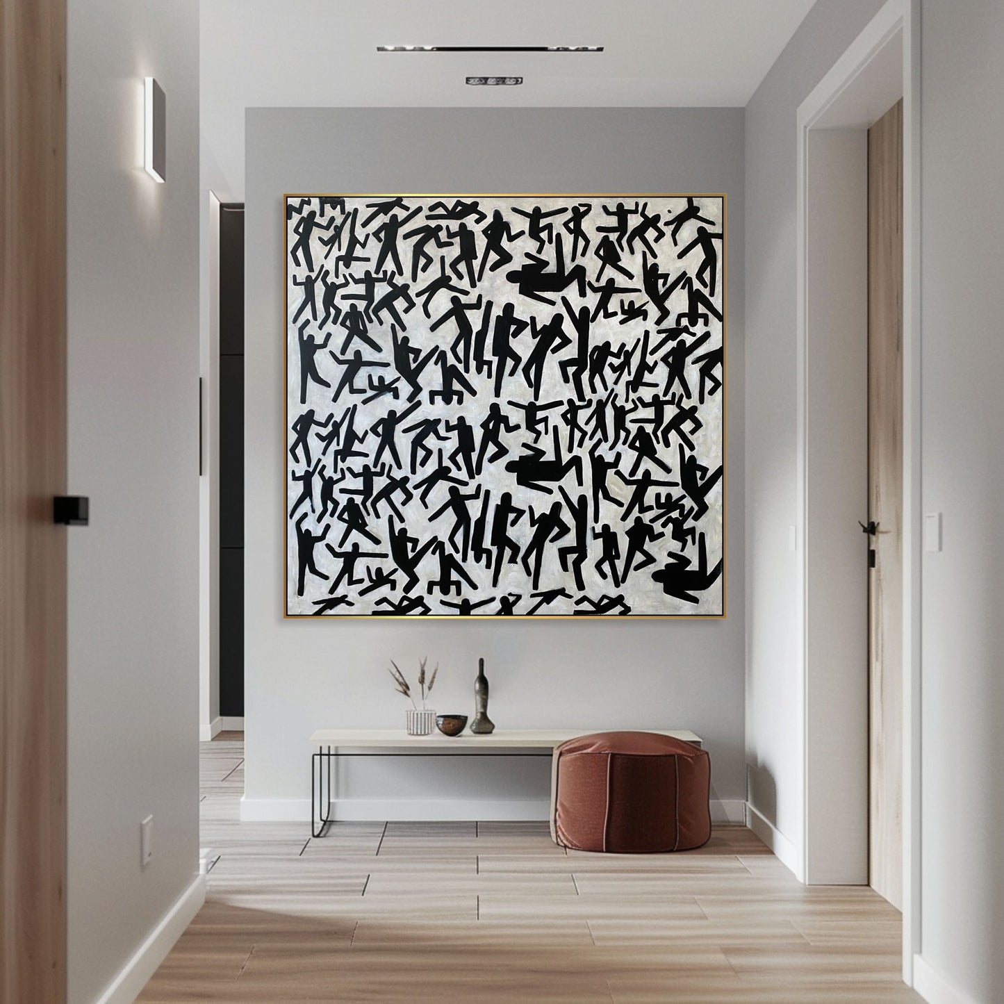 a large abstract painting hangs on the wall of a hallway