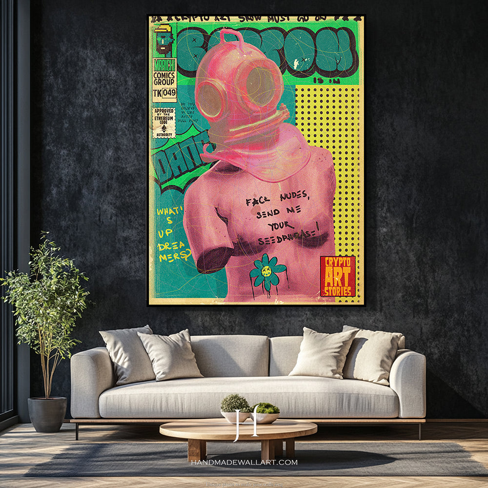 a living room with a couch and a painting on the wall