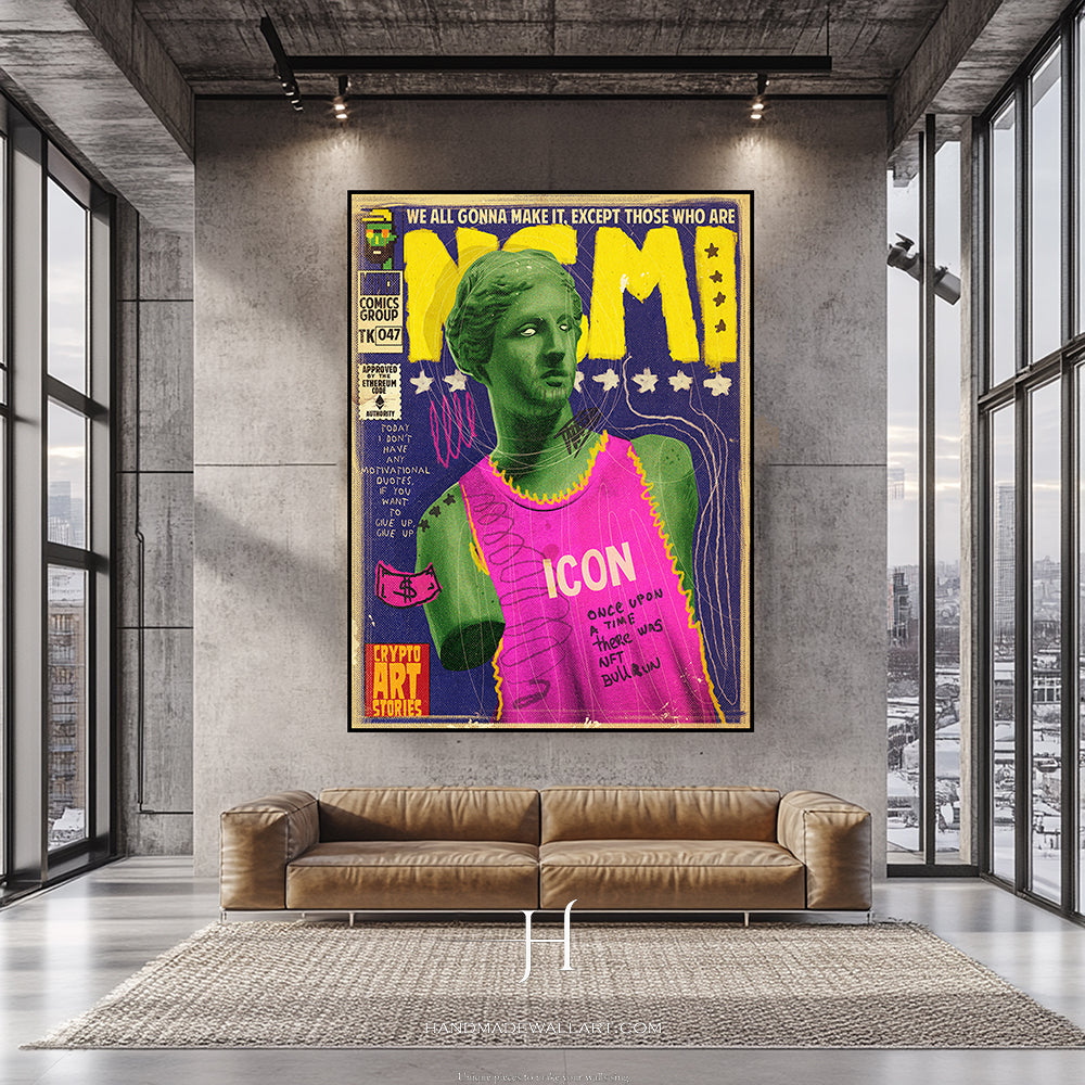 a living room with a couch and a painting on the wall