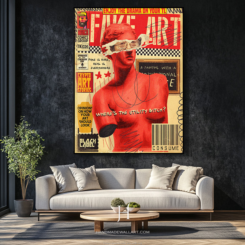 a living room with a couch and a painting on the wall