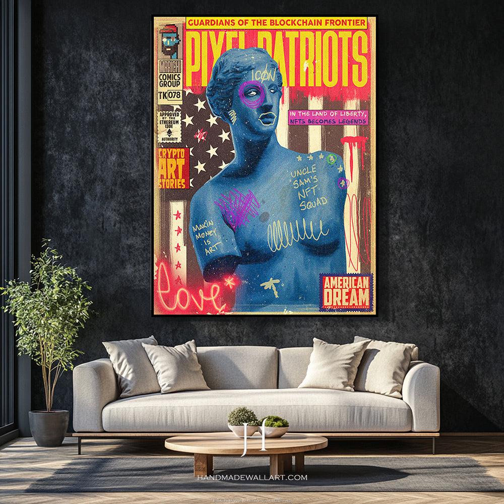 a living room with a couch and a painting on the wall