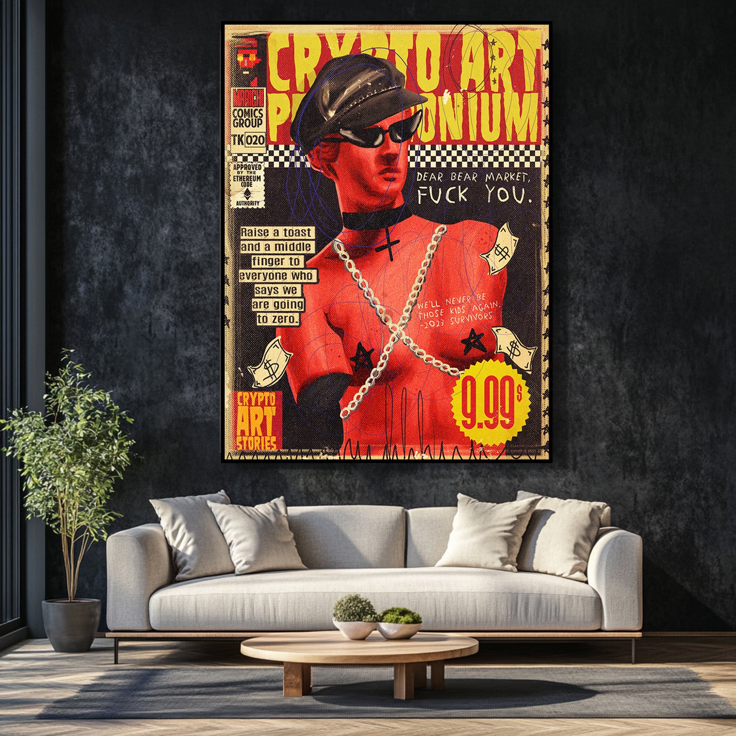 a living room with a couch and a poster on the wall