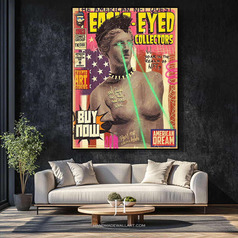 a living room with a couch and a painting on the wall