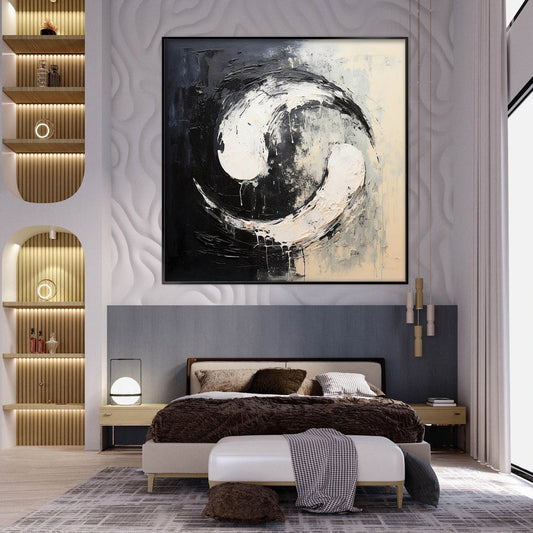 a bedroom with a large painting on the wall