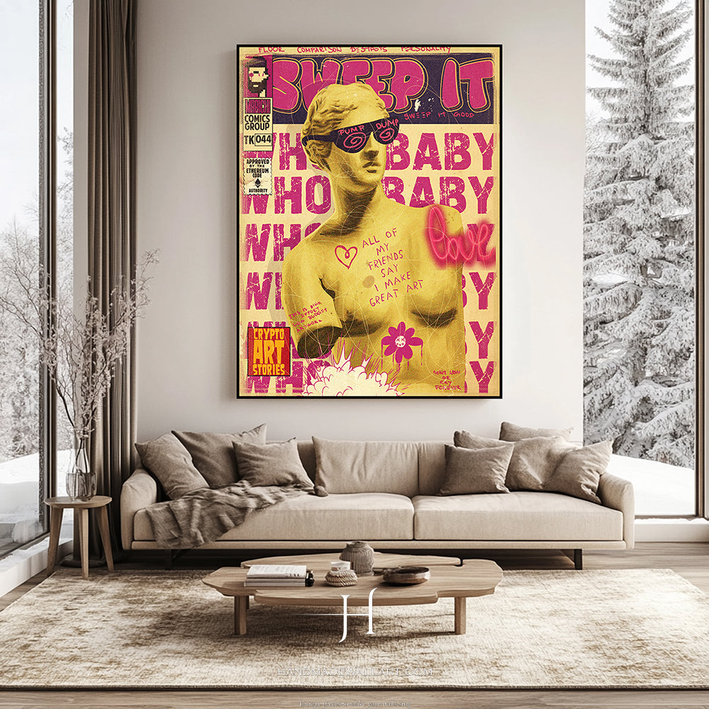 a living room with a couch and a painting on the wall