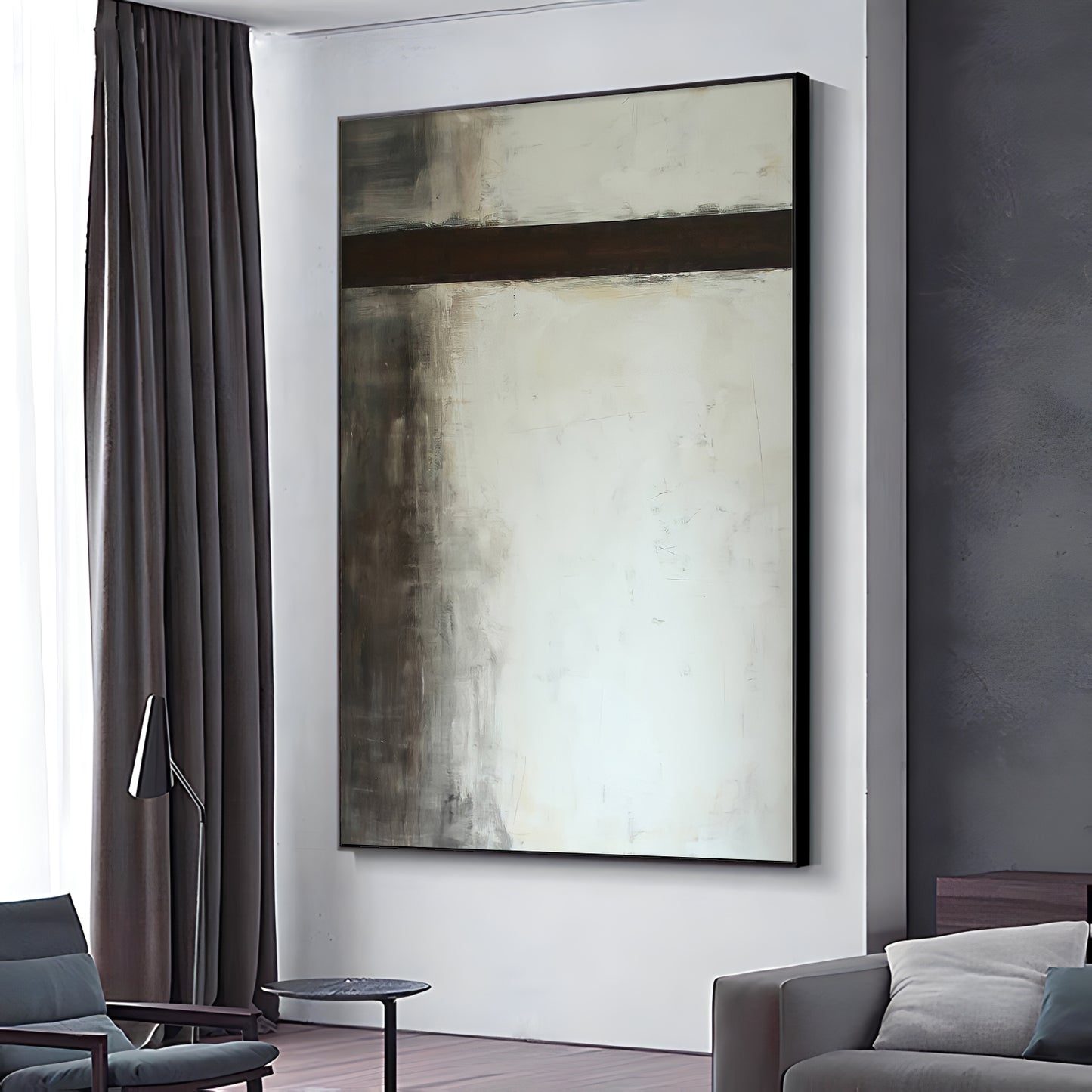 a living room filled with furniture and a painting on the wall