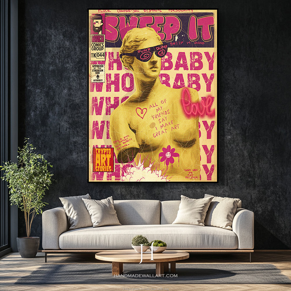 a living room with a couch and a painting on the wall