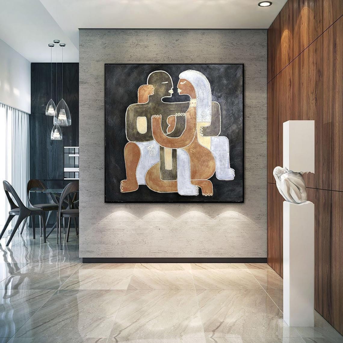 a modern art gallery with a large abstract painting hanging on the wall. The painting depicts a group of stylized human figures in various poses and colors, creating a dynamic and visually striking composition.