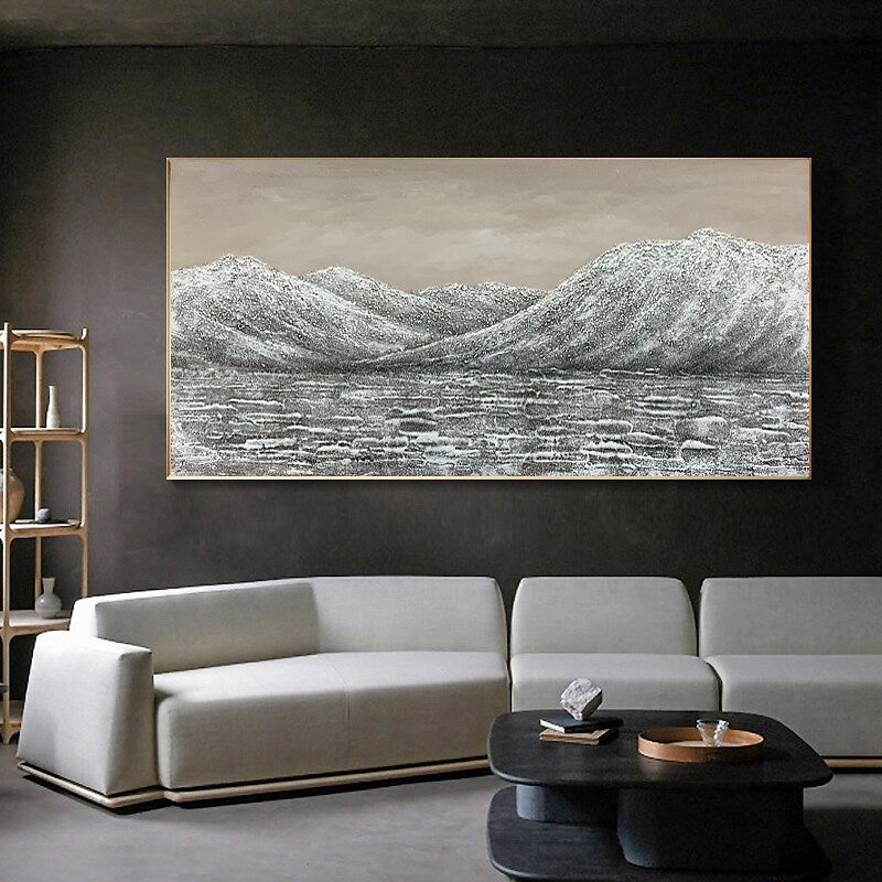 a living room with a large painting on the wall