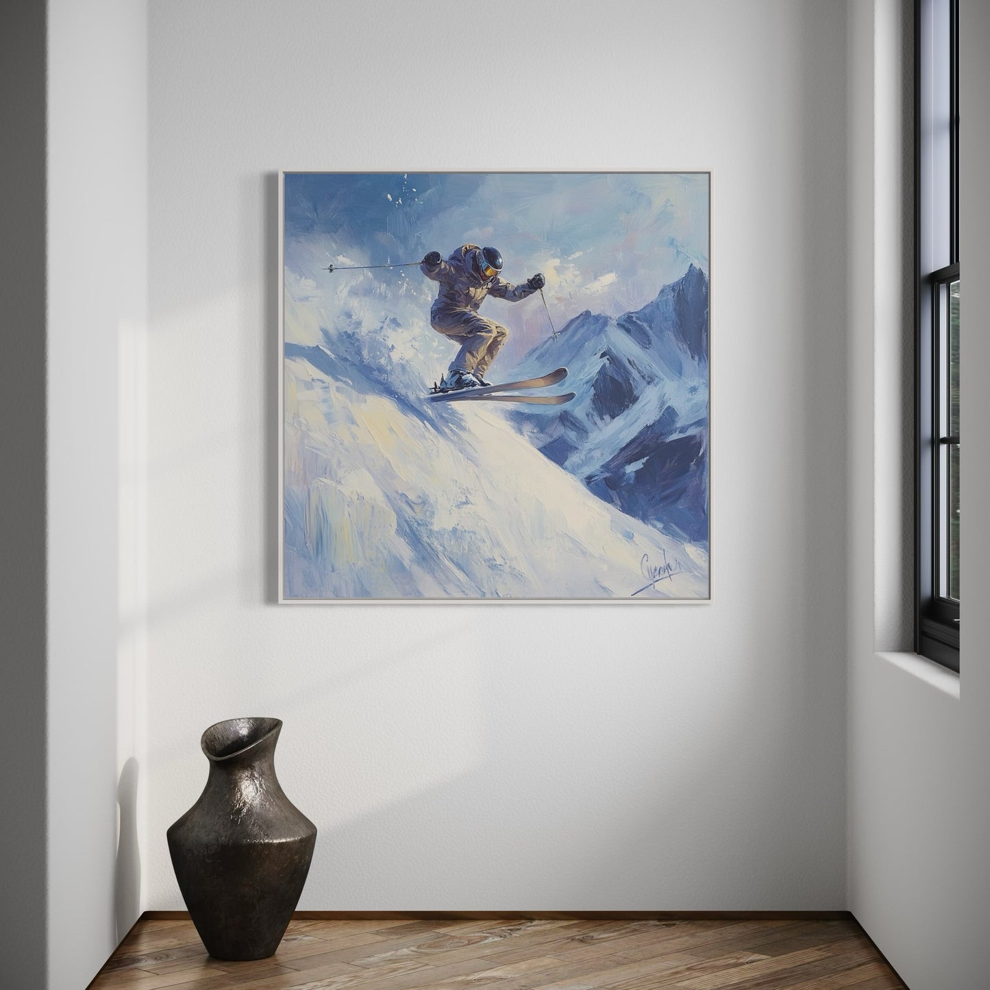 a painting of a skier on a snowy mountain