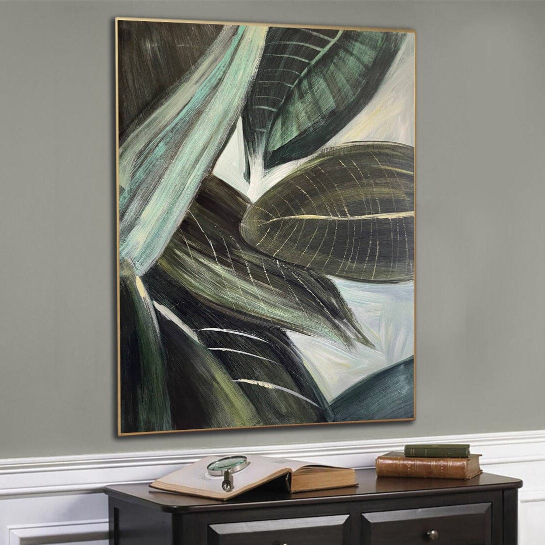 a large abstract painting hanging on a wall, depicting a lush and vibrant display of green and brown leaves.