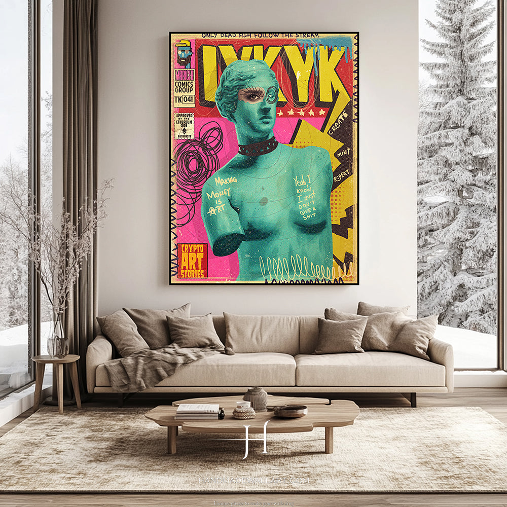a living room with a couch and a painting on the wall