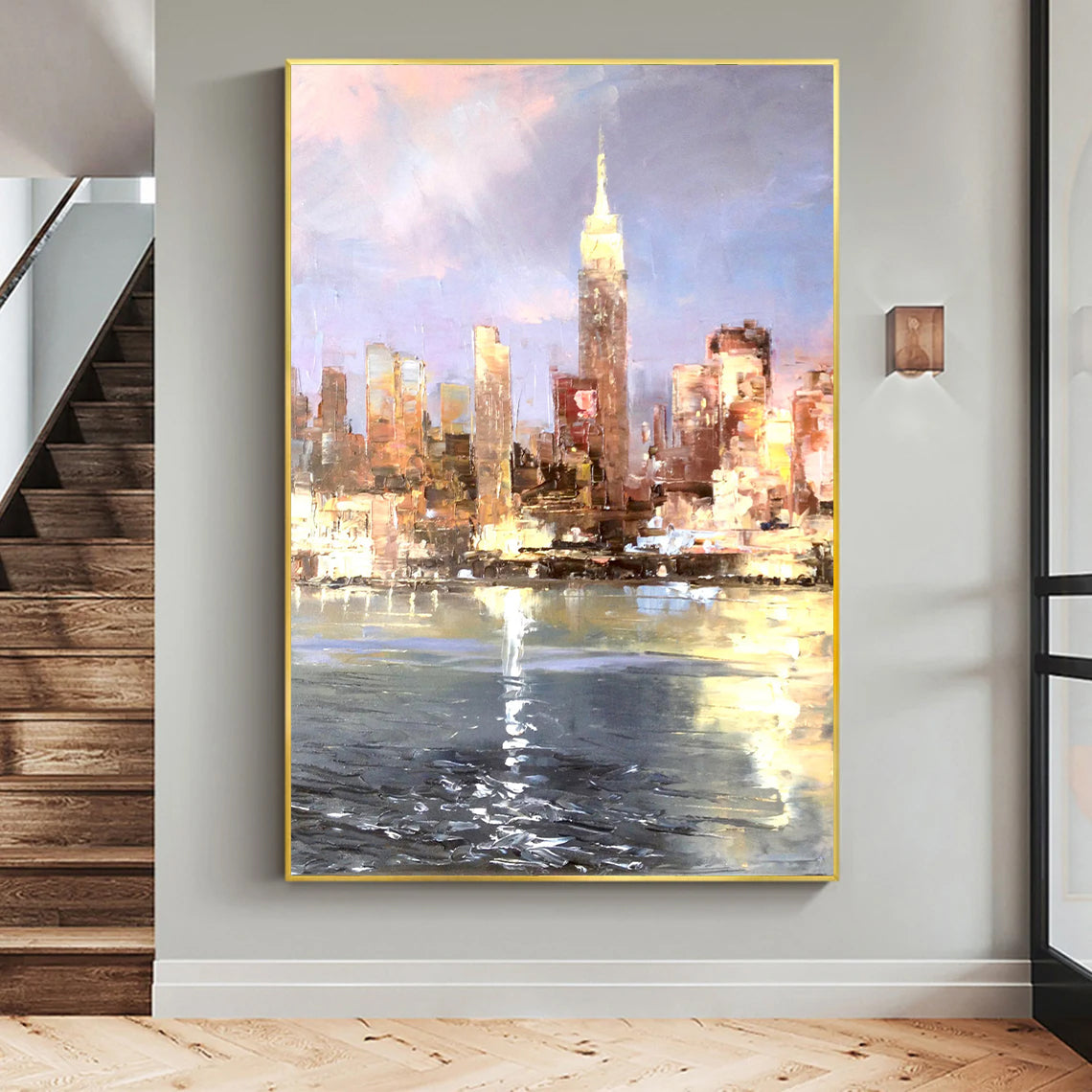 a painting hanging on a wall in a room